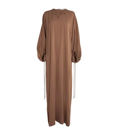 Max Mara Silk Embellished Maxi Dress In Brown