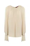 Max Mara Yelina Semisheer Bell Sleeve Bow Back Silk Georgette Top In Champagne