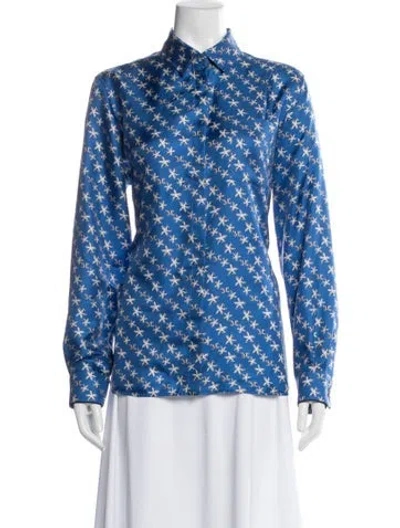 Pre-owned Max Mara Silk Graphic Print Button-up Top In Blue