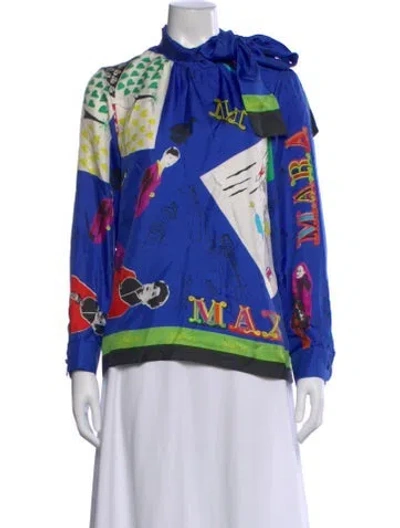 Pre-owned Max Mara Silk Graphic Print Top In Blue