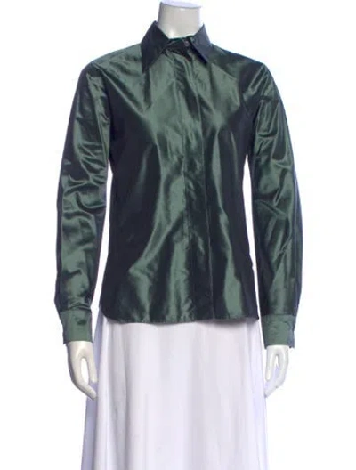Pre-owned Max Mara Silk Long Sleeve Button-up Top In Green