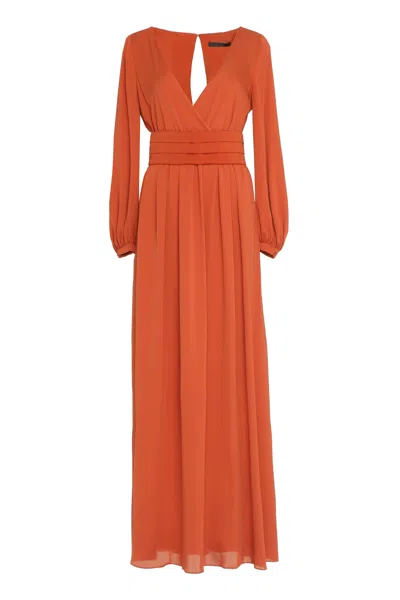 Max Mara Silk Maxi Dress With Decorative Cuffs And Waist Belt In Orange