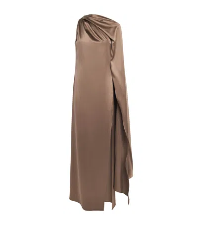 Max Mara Silk One-shoulder Maxi Dress In Brown
