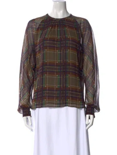 Pre-owned Max Mara Silk Plaid Print Blouse In Brown