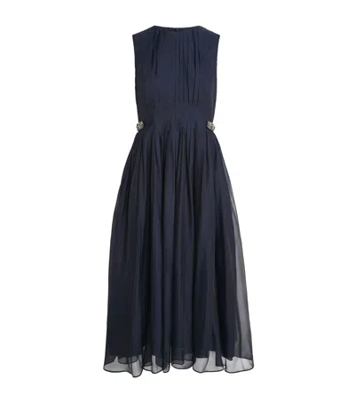 Max Mara Silk Pleated Midi Dress In Blue