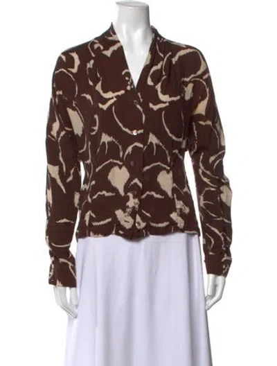 Pre-owned Max Mara Silk Printed Button-up Top In Brown