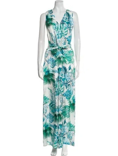 Pre-owned Max Mara Silk Printed Jumpsuit W/ Tags In White