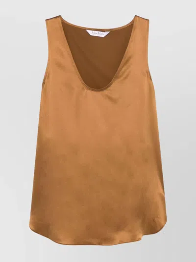 Max Mara Silk Satin Sleeveless Top With Wide Straps In Brown