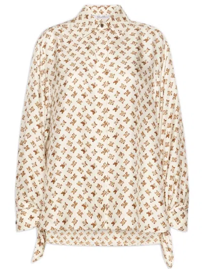 Max Mara Silk Shirt Collar Drop-shoulder Blouse With Cuff Ties And Back Pleats In White