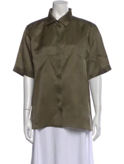 Pre-owned Max Mara Silk Short Sleeve Button-up Top In Green