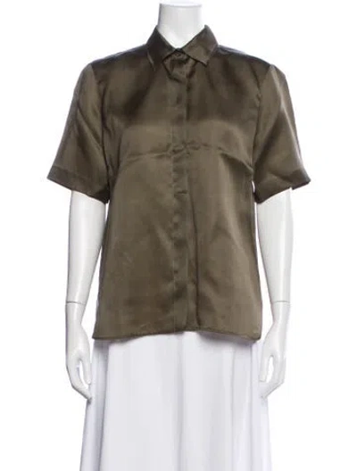 Pre-owned Max Mara Silk Short Sleeve Button-up Top In Green