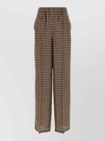 Max Mara Silk Trousers All Over Pattern Wide Leg In Brown