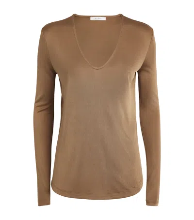 Max Mara Silk V-neck T-shirt In Brown