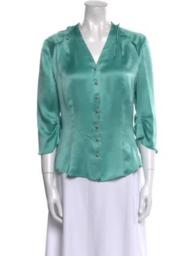 Pre-owned Max Mara Silk V-neck Button-up Top In Green