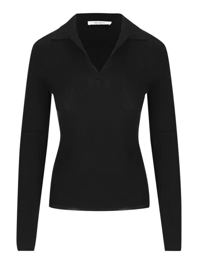 Max Mara Silk-cashmere Blend Sweater With Open Polo Collar In Nero