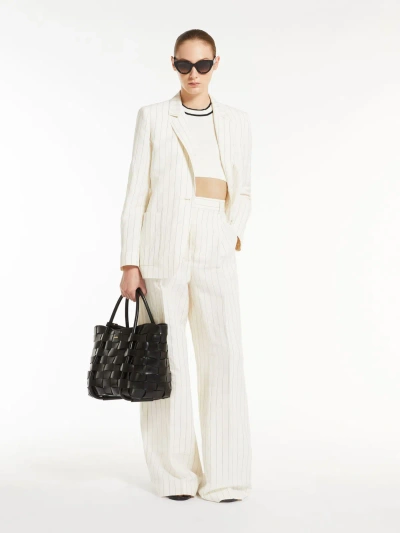 Max Mara Single-breasted Blazer In Pinstriped Canvas In White Black