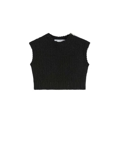 Max Mara Sleeveless Crop Sweater In Plain Cotton - Black