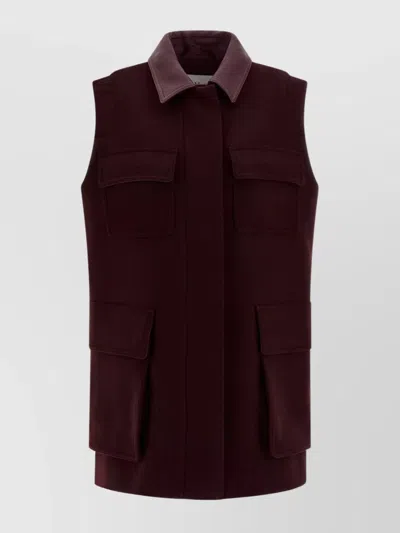 MAX MARA SLEEVELESS JACKET WITH LEATHER COLLAR AND POCKETS