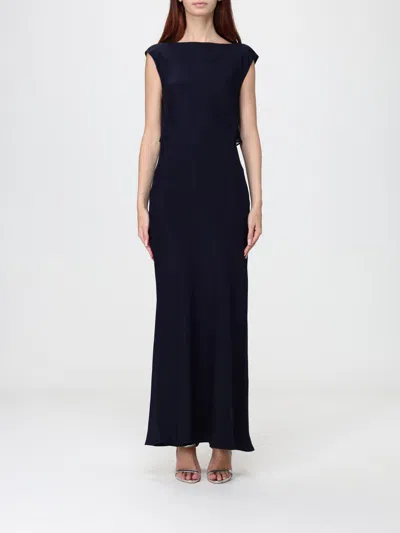 Max Mara Sleeveless Long Evening Gown In Crêpe De Chine With Straight Neckline In Blue