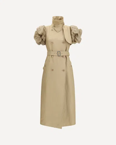 Max Mara Sleeveless Long Trench Coat With Organza Ruffles In Neutral