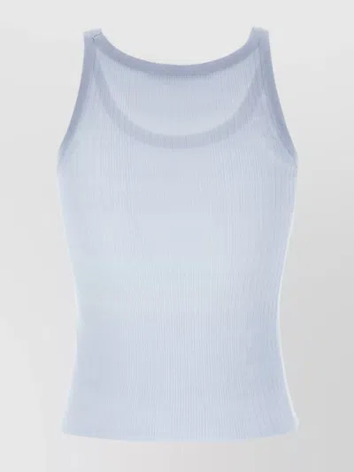 Max Mara Sleeveless Silk Ribbed Top With Scoop Neck In Blue