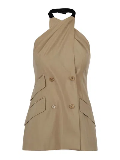 Max Mara Sleeveless Vest With Woven Collar In Brown