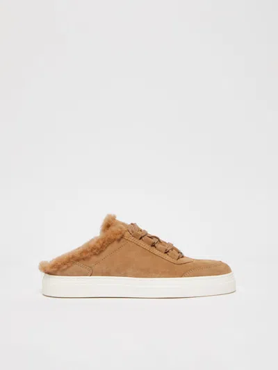 Max Mara Slide Sneakers In Suede And Teddy Fabric In Camel