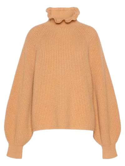 Max Mara Slightly Oversized High-neck Sweater With Ruffled Trim And Puff Raglan Sleeves In Brown
