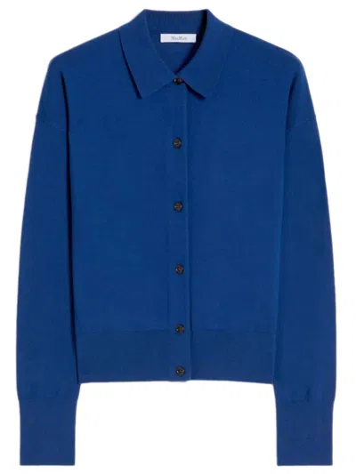 Max Mara Slim-fit Wool Blend Shirt-collar Top With Horn Button Placket In Blue