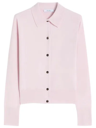 Max Mara Slim-fit Wool Blend Sweater With Shirt Collar And Horn Button Placket In Rosa