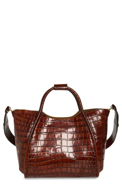 Max Mara Small Marine Croc Embossed Leather Tote In Brown