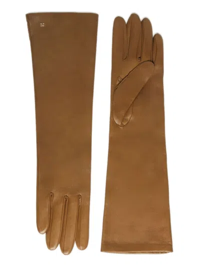 Max Mara Soft Lamb Leather Gloves With Fabric Lining In Marrone