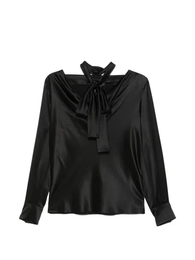 Max Mara Soft Silk Blouse With Buttoned Cuffs And Neck Scarf In Nero