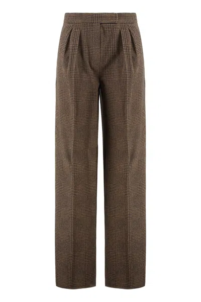 Max Mara Sophisticated Wool And Cotton Pants With Prince Of Wales Motif In Brown