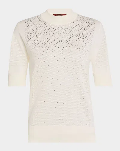 Max Mara Spigola Mock-neck Rhinestone Mesh Sweater In White
