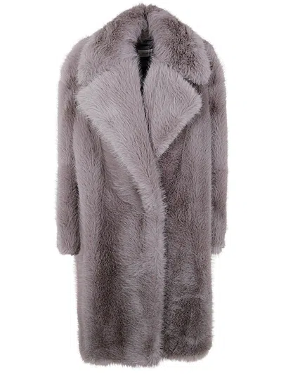 Sportmax Longline Faux Fur Coat With Notched Lapels In Gray