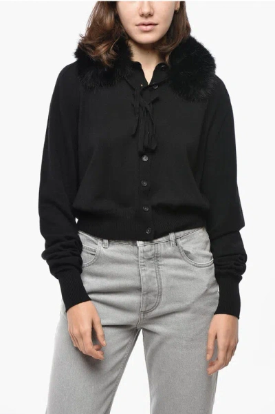 Max Mara Sportmax Wool Sport Cardigan With Eco-fur Collar In Black