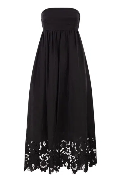Max Mara Strapless Linen Dress With Embroidered Hem In Black