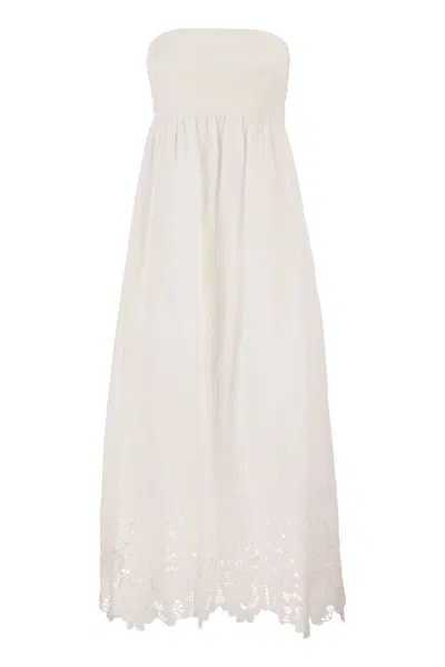 Max Mara Strapless Linen Dress With Embroidered Hem In White