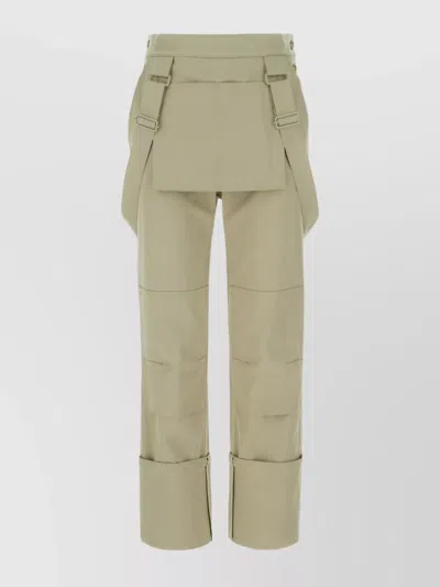 Max Mara Stretch Cotton Pants With Button Detailing And Cuffed Hem In Green