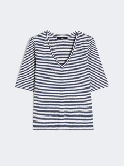 Max Mara Stretch Linen Jersey V-neck T-shirt In Blue