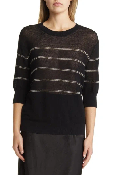 Max Mara Calamo Striped Linen Blend Knit T-shirt In Black,ivory