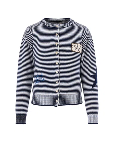 Max Mara Striped Button-front Cardigan Sweater With Patch Details In Riga Pari Ecru Blu Ricamo Patc