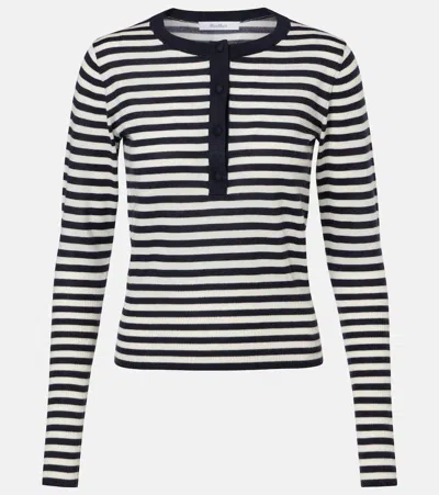 Max Mara Striped Cashmere Henley Sweater In Blue
