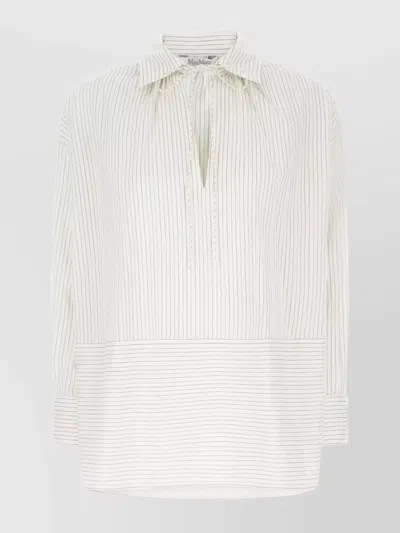 Max Mara Striped Cotton And Silk Blouse With Tie Neck In White