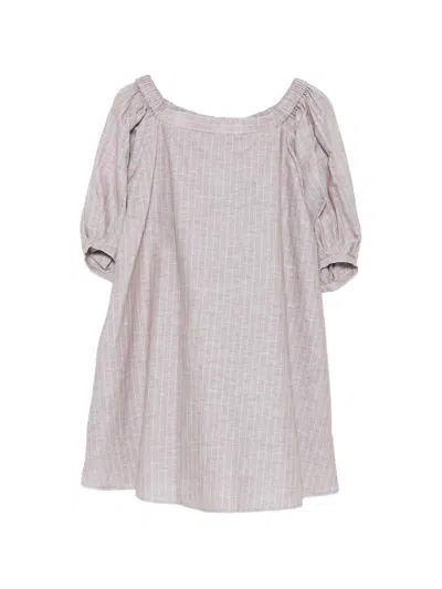 Max Mara Striped Puff-sleeve Mini Dress In Gray