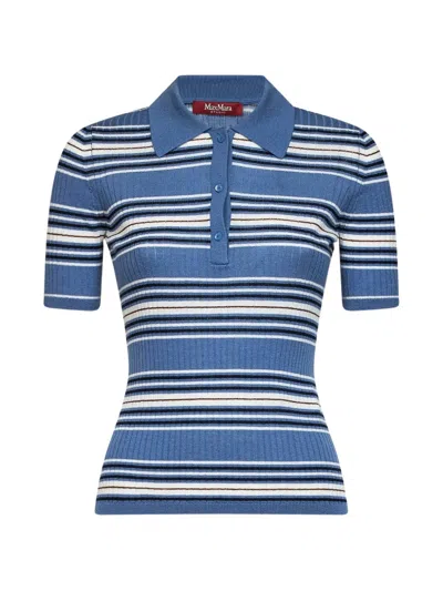 Max Mara Light Blue Ribbed Knit Msttallero Striped Fitted Polo Shirt