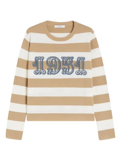 Max Mara Wool Sweater With Embroidered Stripes And Crew Neck In Brown