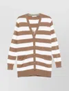 Max Mara Striped V-neck Cardigan With Front Patch Pockets In Brown