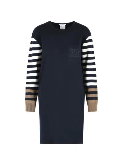 Max Mara Stripeds-sleeves Pocket Wool Sweater Dress In Blue